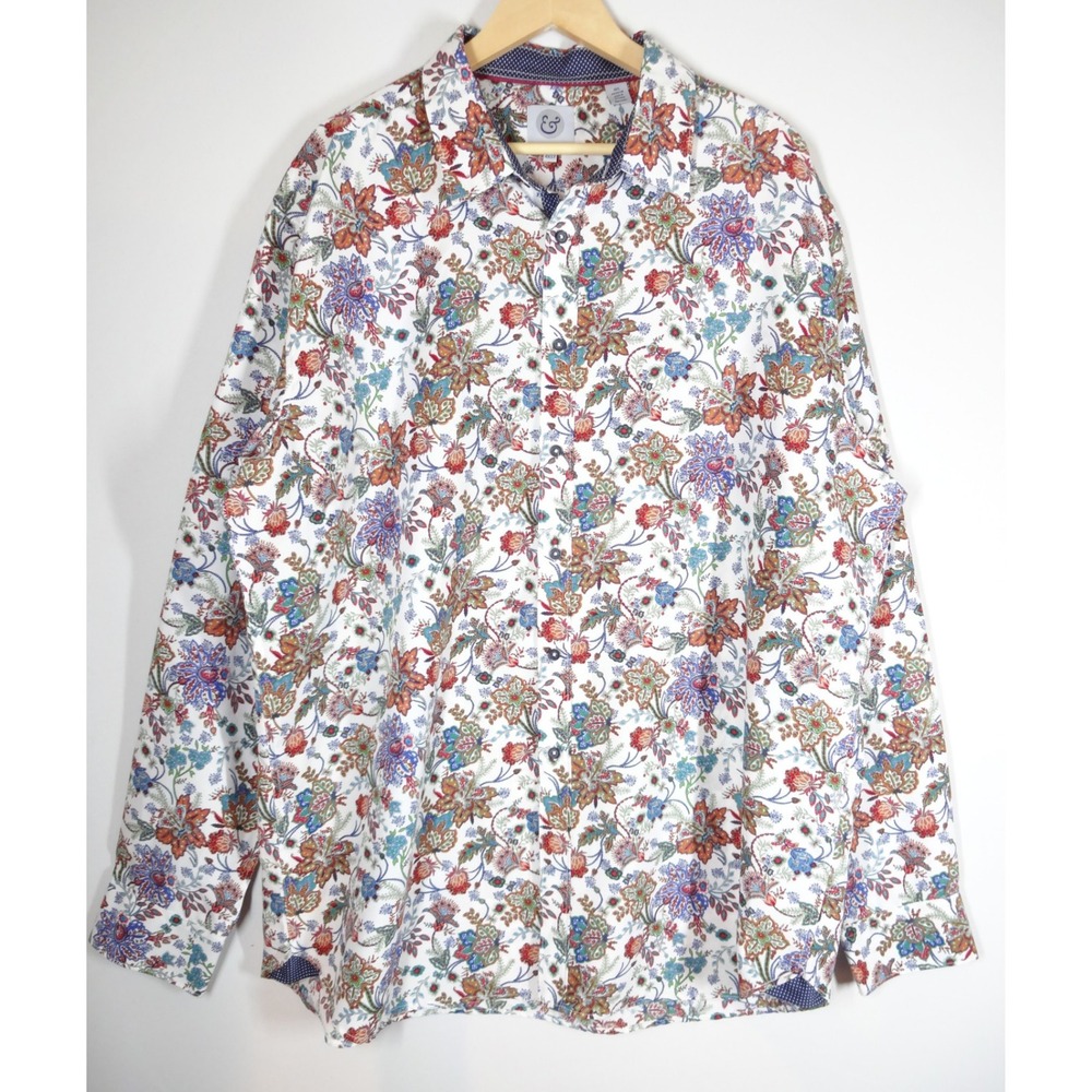Kilburne & Finch Button Down Men 4XLT White Paisley Floral Tall Statement Shirt